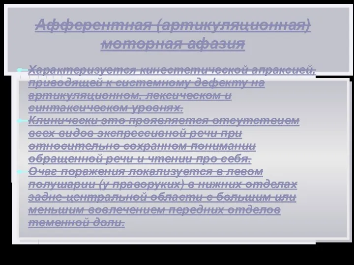 Афферентная (артикуляционная) моторная афазия Характеризуется кинестетической апраксией, приводящей к системному