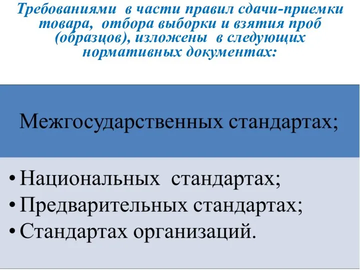 Требованиями в части правил сдачи-приемки товара, отбора выборки и взятия