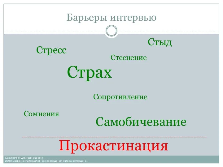 Барьеры интервью Стресс Страх Стеснение Сопротивление Сомнения Самобичевание Стыд Прокастинация