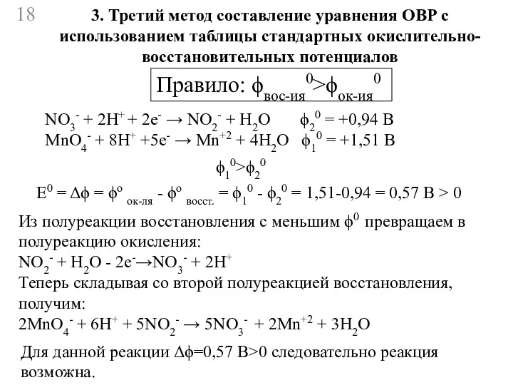 3. Третий метод составление уравнения ОВР с использованием таблицы стандартных