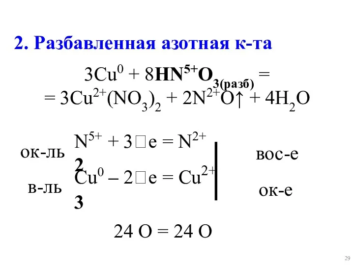 N5+ + 3e = N2+ 2 Cu0 – 2e =