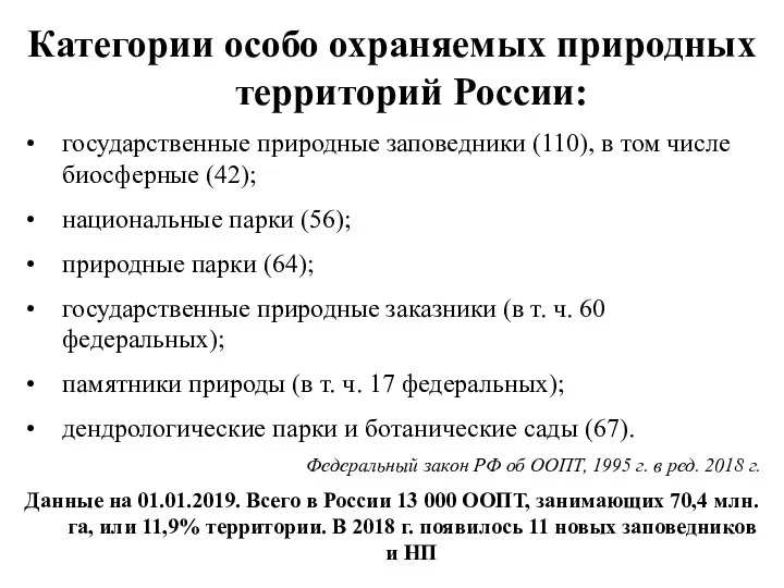 Категории особо охраняемых природных территорий России: государственные природные заповедники (110),