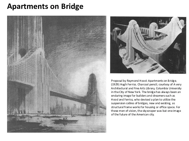 Apartments on Bridge Proposal by Raymond Hood: Apartments on Bridge. (1929) Hugh Ferriss.