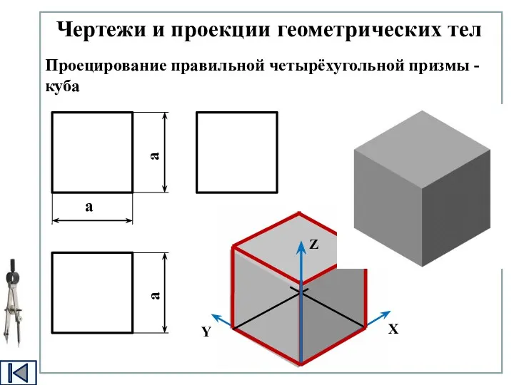 Чертежи и проекции геометрических тел Проецирование правильной четырёхугольной призмы - куба