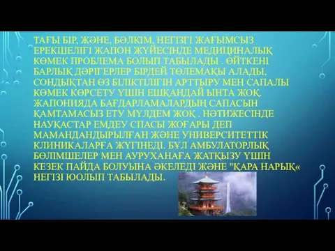 ТАҒЫ БІР, ЖӘНЕ, БӘЛКІМ, НЕГІЗГІ ЖАҒЫМСЫЗ ЕРЕКШЕЛІГІ ЖАПОН ЖҮЙЕСІНДЕ МЕДИЦИНАЛЫҚ