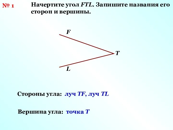 № 1 Начертите угол FTL. Запишите названия его сторон и