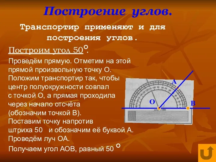 Построение углов. Транспортир применяют и для построения углов. Построим угол 50 . Проведём