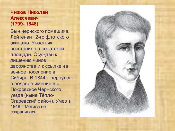 Чижов Николай Алексеевич (1799- 1848) Сын чернского помещика. Лейтенант 2-го