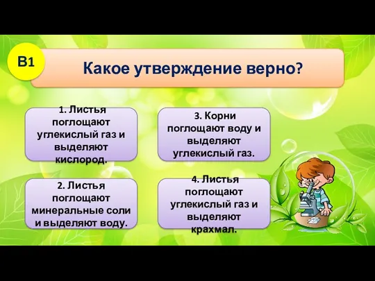 Какое утверждение верно? В1 3. Корни поглощают воду и выделяют углекислый газ. 2.