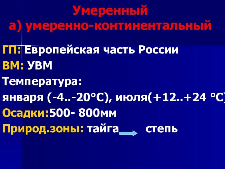 Умеренный а) умеренно-континентальный ГП: Европейская часть России ВМ: УВМ Температура: