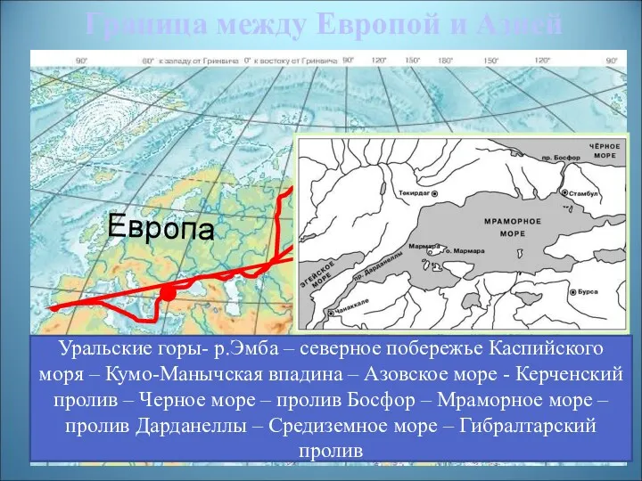 Граница между Европой и Азией Европа Азия Назовите географические объекты