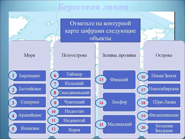 Береговая линия Отметьте на контурной карте цифрами следующие объекты 1 2 3 4