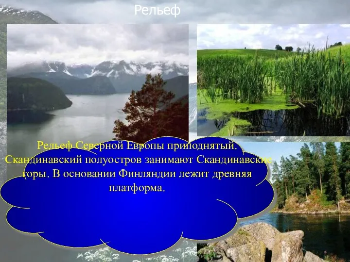 Рельеф Северной Европы приподнятый. Скандинавский полуостров занимают Скандинавские горы. В основании Финляндии лежит древняя платформа. Рельеф