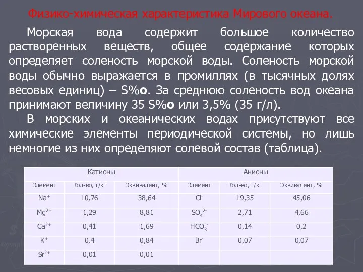 Физико-химическая характеристика Мирового океана. Морская вода содержит большое количество растворенных