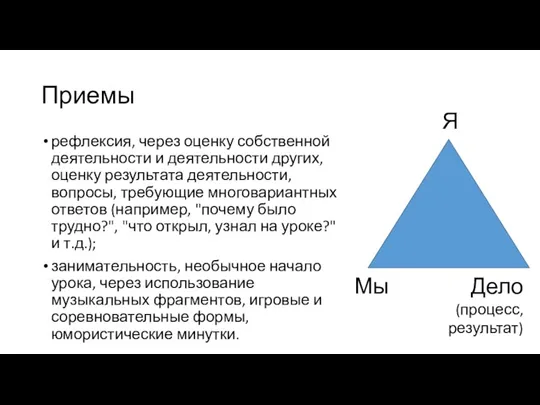 Приемы рефлексия, через оценку собственной деятельности и деятельности других, оценку