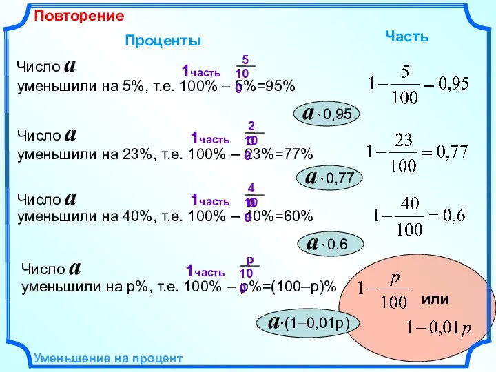 Уменьшение на процент уменьшили на 5%, т.е. 100% – 5%=95%