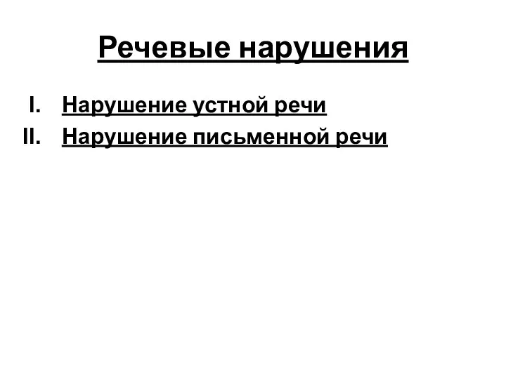 Речевые нарушения Нарушение устной речи Нарушение письменной речи