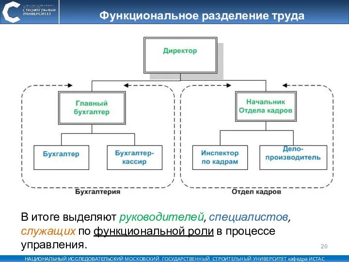 Функциональное разделение труда В итоге выделяют руководителей, специалистов, служащих по функциональной роли в процессе управления.