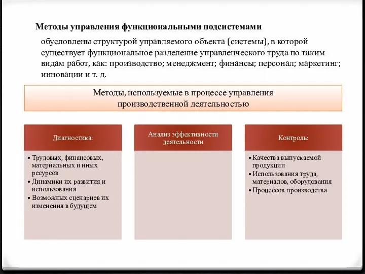 Методы управления функциональными подсистемами обусловлены структурой управляемого объекта (системы), в