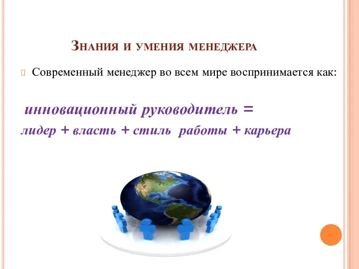 Знания и умения менеджера Современный менеджер во всем мире воспринимается