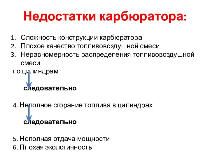 Недостатки карбюратора: Сложность конструкции карбюратора Плохое качество топливовоздушной смеси Неравномерность