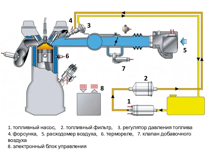 1. топливный насос, 2. топливный фильтр, 3. регулятор давления топлива