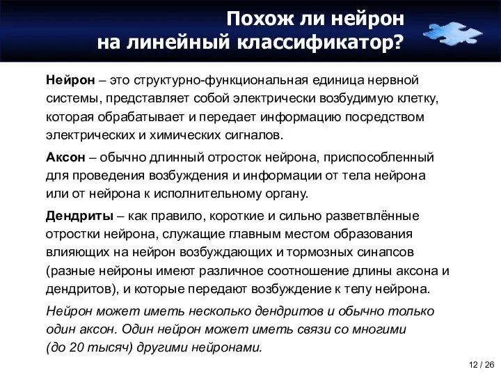 Похож ли нейрон на линейный классификатор? Нейрон – это структурно-функциональная