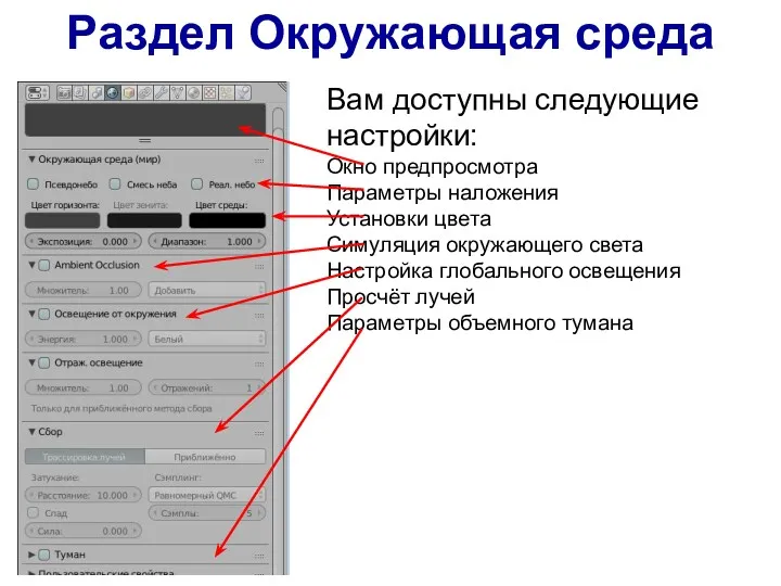 Раздел Окружающая среда Вам доступны следующие настройки: Окно предпросмотра Параметры