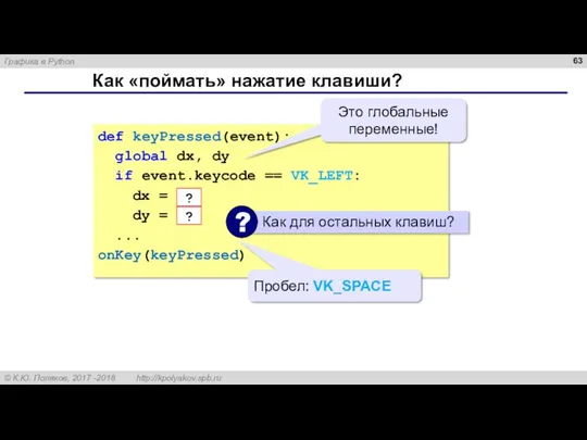 Как «поймать» нажатие клавиши? def keyPressed(event): global dx, dy if