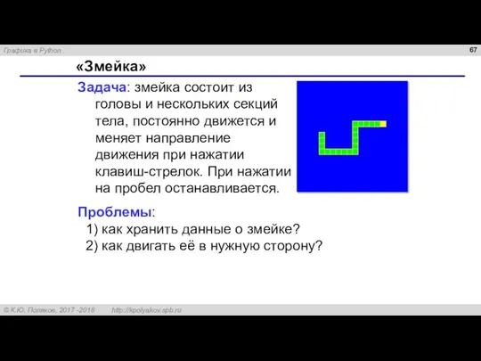 «Змейка» Задача: змейка состоит из головы и нескольких секций тела,