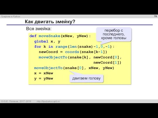 Как двигать змейку? Вся змейка: def moveSnake(xNew, yNew): global x,