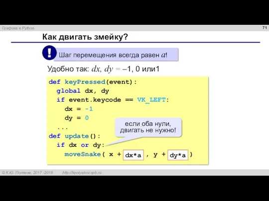 Как двигать змейку? Удобно так: dx, dy = –1, 0