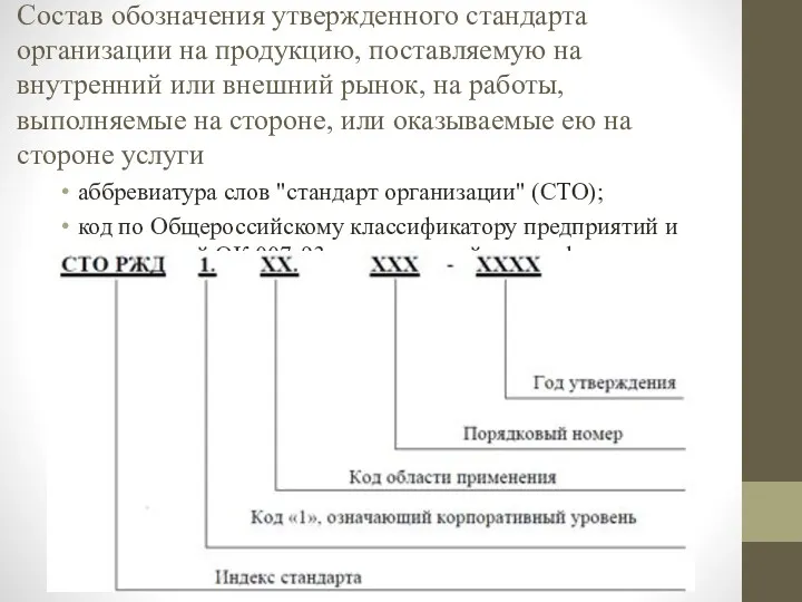 Состав обозначения утвержденного стандарта организации на продукцию, поставляемую на внутренний