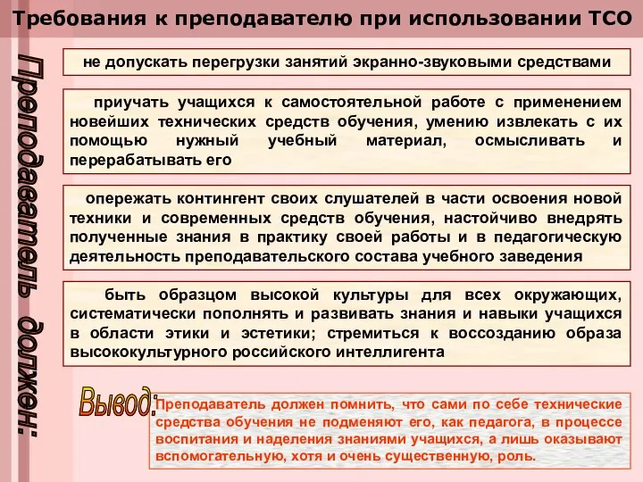 не допускать перегрузки занятий экранно-звуковыми средствами приучать учащихся к самостоятельной