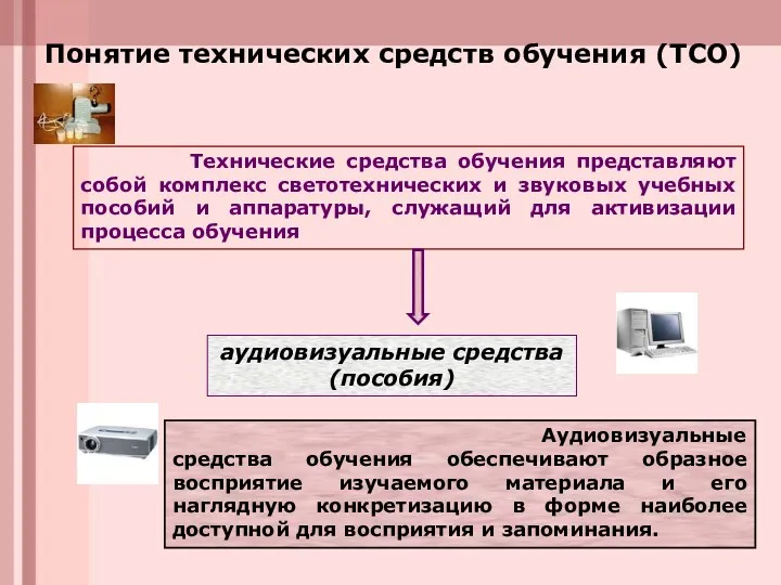 Понятие технических средств обучения (ТСО) Технические средства обучения представляют собой