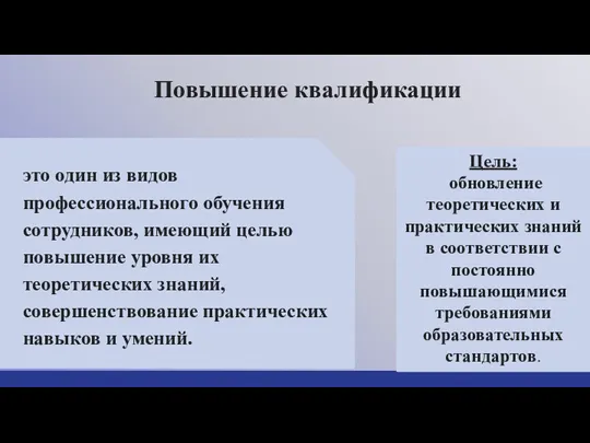 Повышение квалификации это один из видов профессионального обучения сотрудников, имеющий