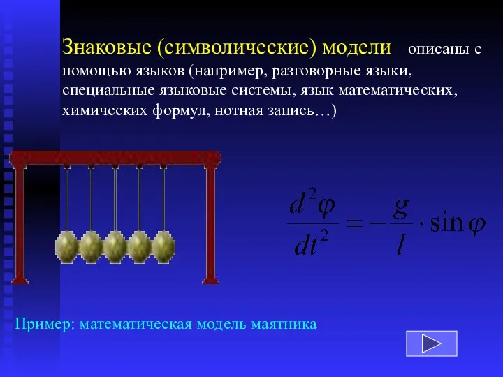 Пример: математическая модель маятника Знаковые (символические) модели – описаны с помощью языков (например,