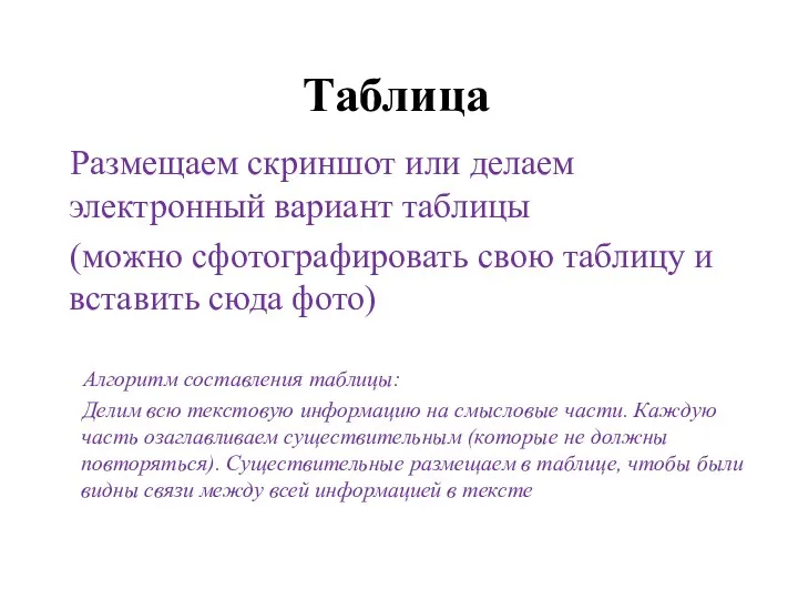 Таблица Размещаем скриншот или делаем электронный вариант таблицы (можно сфотографировать свою таблицу и