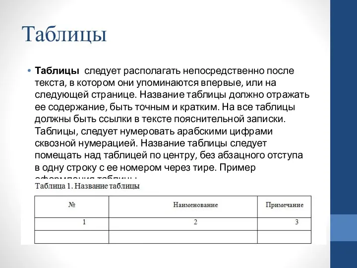 Таблицы Таблицы следует располагать непосредственно после текста, в котором они