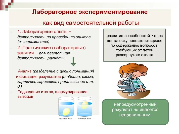 Лабораторное экспериментирование как вид самостоятельной работы 1. Лабораторные опыты –