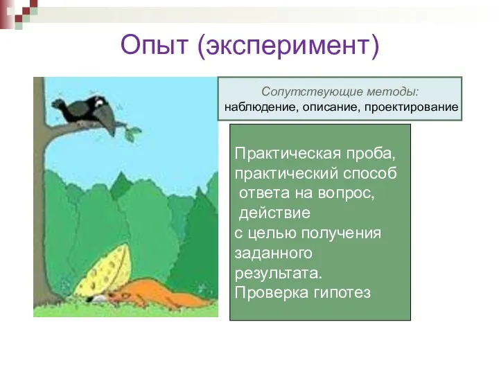 Опыт (эксперимент) Практическая проба, практический способ ответа на вопрос, действие