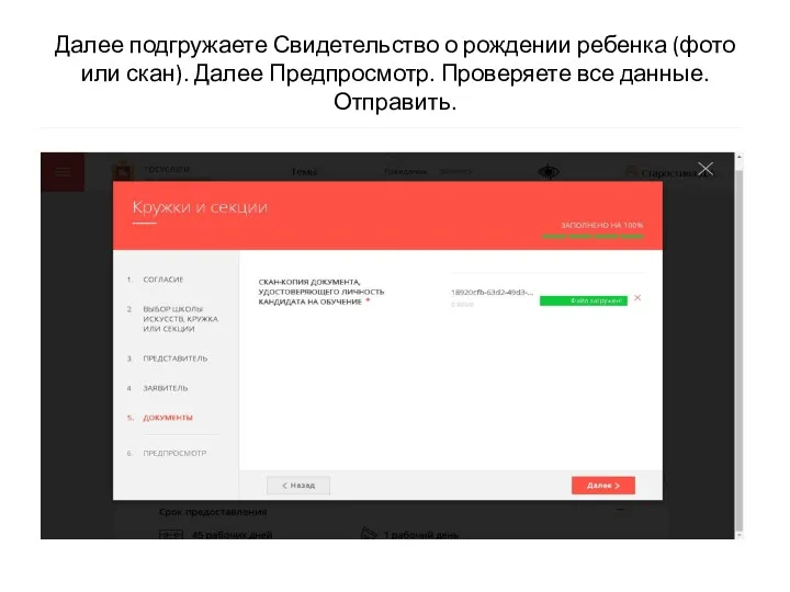 Далее подгружаете Свидетельство о рождении ребенка (фото или скан). Далее Предпросмотр. Проверяете все данные. Отправить.