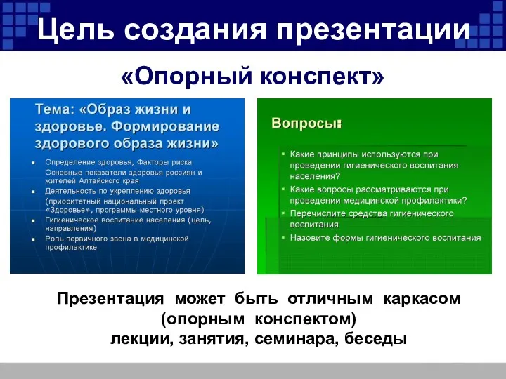 Цель создания презентации «Опорный конспект» Презентация может быть отличным каркасом (опорным конспектом) лекции, занятия, семинара, беседы