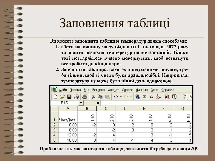 Заповнення таблиці Приблизно так має виглядати таблиця, заповнити її треба до стовпця AF.