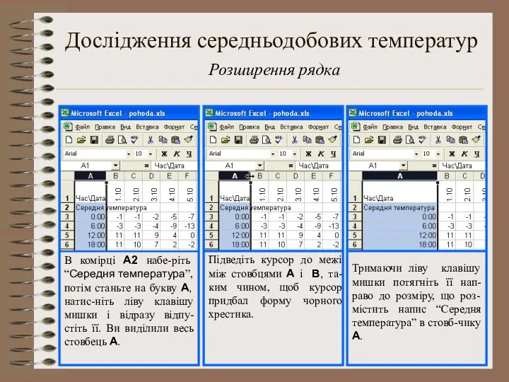 Дослідження середньодобових температур Розширення рядка Тримаючи ліву клавішу мишки потягніть