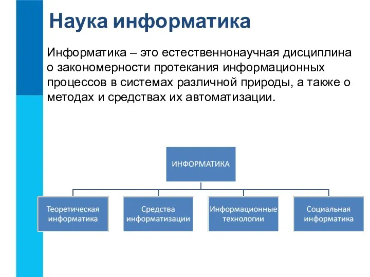 Наука информатика Информатика – это естественнонаучная дисциплина о закономерности протекания