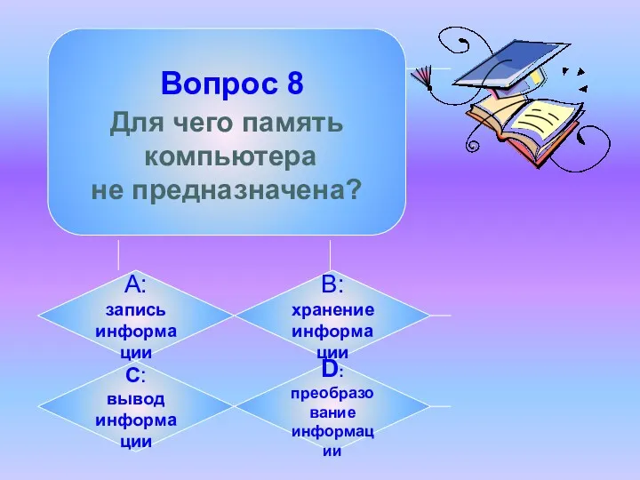 Вопрос 8 Для чего память компьютера не предназначена? А: запись