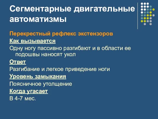 Сегментарные двигательные автоматизмы Перекрестный рефлекс экстензоров Как вызывается Одну ногу