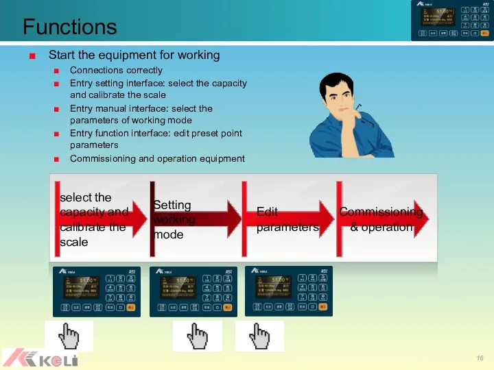 Functions Start the equipment for working Connections correctly Entry setting