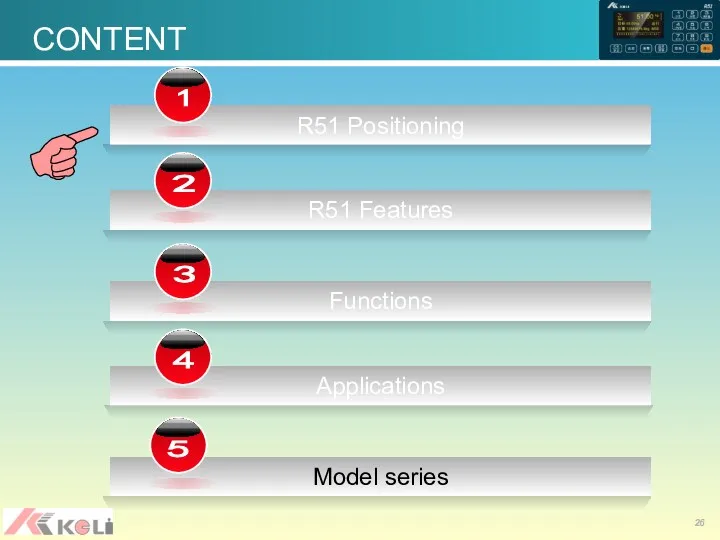 R51 Positioning 1 R51 Features 2 Functions 3 Applications 4 CONTENT Model series 5